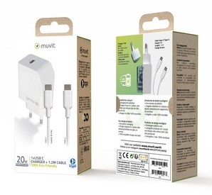 Verkkolaturi PD 1x USB-C,20w + USB-C,+ kaapeli 1,2m, Valkoinen Muvit (Power delivery)