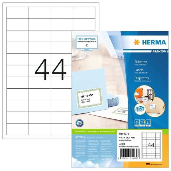 ETIKETTI A4 48,3X25,4 MM/ 44-os, 100 ARKKIA KOPIO/LASER, HERMA