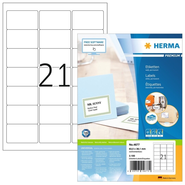 Etiketti 63,5×38,1 mm, 21-osainen, 100 arkkia/laatikko Herma