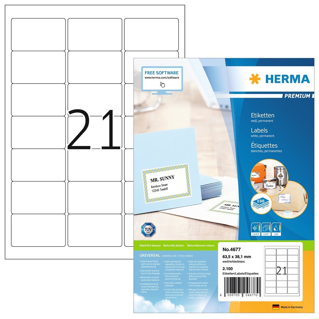 Etiketti 63,5x38,1 mm, 21-osainen, 100 arkkia/laatikko Herma