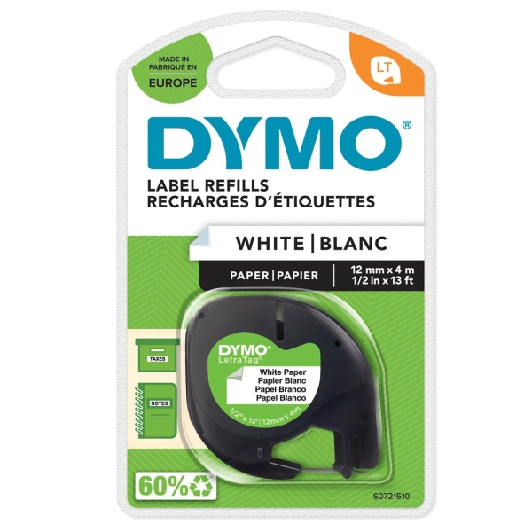 Dymo Letratag 12MMX4M paperi valkoinen 91220