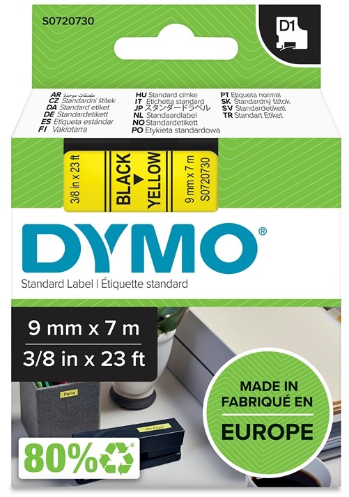 Dymo D1 9mm x 7m, musta-kelt.