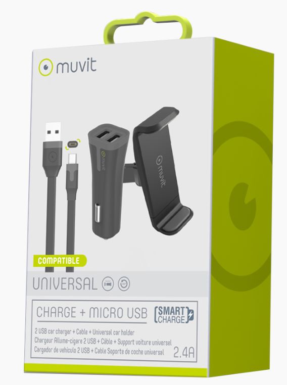 Autoteline ilmaritilään 87mm+ Autolaturi 2USB 2,4A + kaapeli Micro USB Muvit