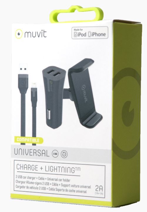 Autoteline ilmaritilään 87mm+Autolaturi 2USB 2A+ kaapeli Lighning MFI Muvit