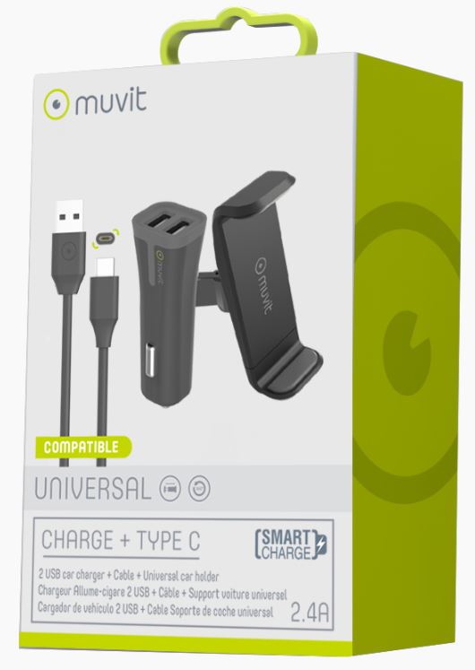 Autoteline ilmaritilään 87mm +Autolaturi 2USB 2,4A + Kaapeli Type C Muvit