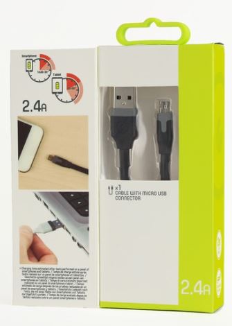 Data- ja latauskaapeli 2M, Micro-USB 2.4A, musta Muvit