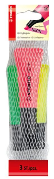 Korostuskynä 3 kpl Neon 72 verkkopussissa Stabilo