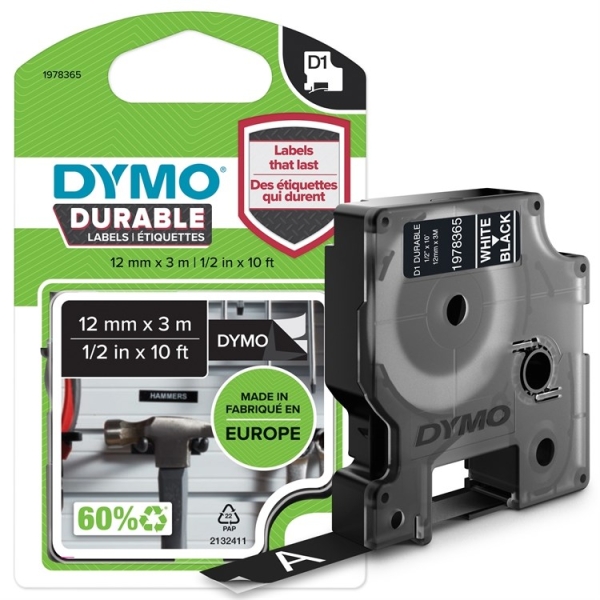 DYMO D1 VINYYLITEIPPI 12MMX3M VALK/MUSTA
