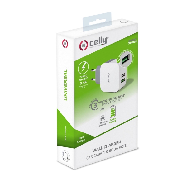 Celly Verkkoadapteri 220V 3.4A 2xUSB valkoinen