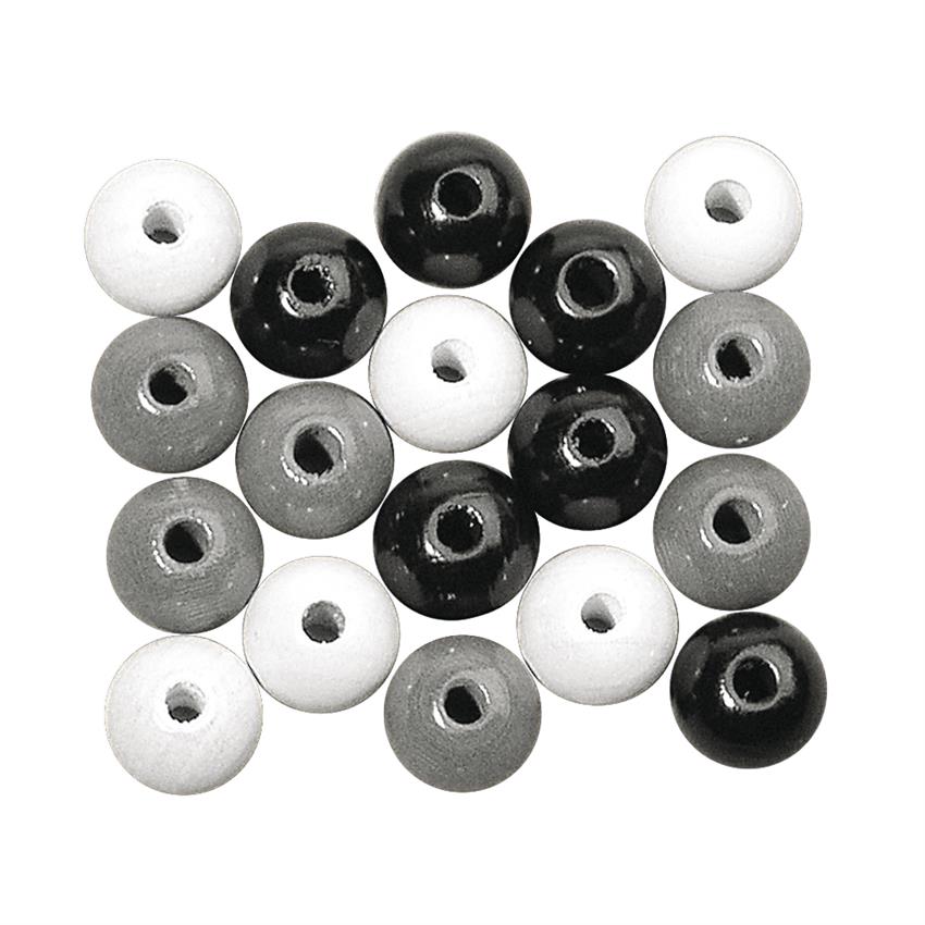 Puuhelmet mix FSC 100%, 10mm ø kiiltävä, pussissa 52kpl musta/valko/harmaa Rayher