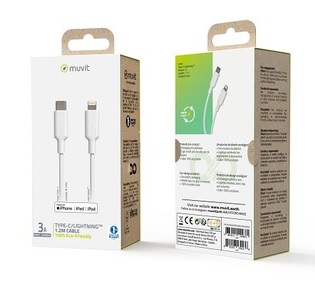 DATA- JA LATAUSKAAPELI 1,2M,USB C/ LIGHTNING MFI 3,0A, VALKOINEN MUVIT (POWER DELIVERY)