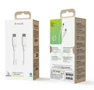 DATA- JA LATAUSKAAPELI 1,2M,USB C/ USB C 3,0A, VALKOINEN MUVIT (POWER DELIVERY)