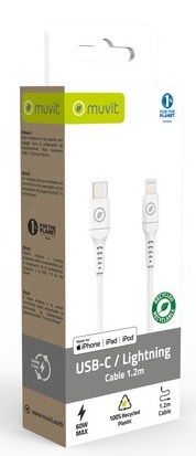 DATA- JA LATAUSKAAPELI 1,2M,USB C/ LIGHTNING MFI, 60W , VALKOINEN MUVIT