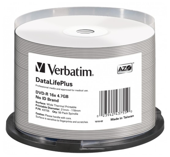 DVD-R 50 KPL, 4.7GB 16X WHITE WIDE THERMAL PRINTABLE