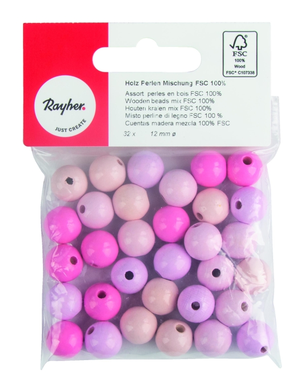 PUUHELMET LAJITEL. , 12MM Ø KIILTÄVÄ, PUSSISSA 32KPL VAAL. PINKIT, FSC 100%, RAYHER