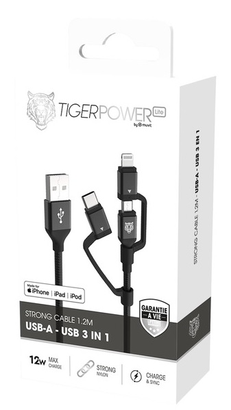 DATA- JA LATAUSKAAPELI 3IN1 USB/MICRO-USB/TYPE C/LIGHTNING, 1.2M TIGER