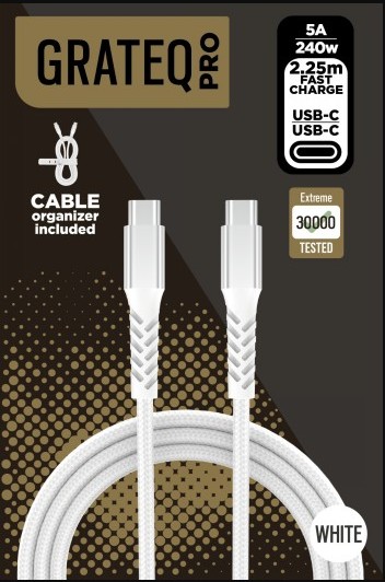 DATA- JA LATAUSKAAPELI USB-C – USB -C 240W, 2.25M, GRATEQ PRO