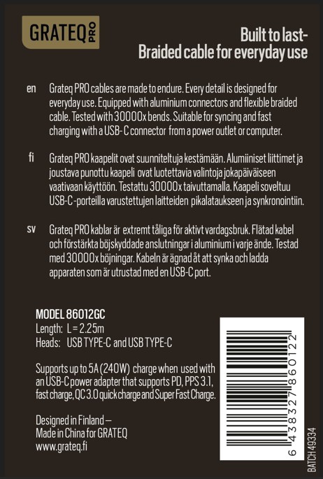 DATA- JA LATAUSKAAPELI USB-C - USB -C 240W, 2.25M, GRATEQ PRO - Image 3