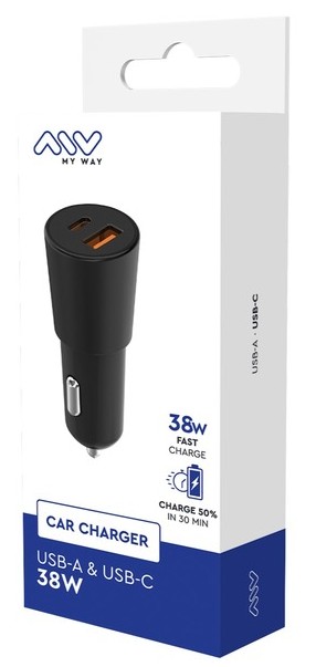 AUTOLATURI PD 20W USP-C + QC 3.0 18W USB-A, MUSTA MYWAY (POWER DELIVERY)