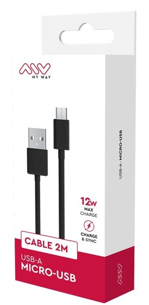 DATA- JA LATAUSKAAPELI 2M, USB A-MICRO USB 2.4A, MYWAY MUSTA