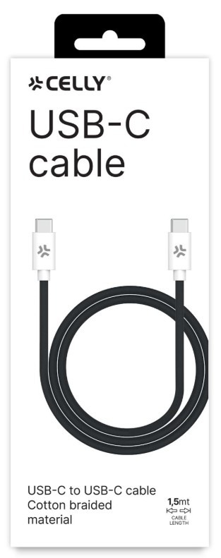 CELLY DATA- JA LATAUSKAAPELI USB-C JA USB-C, 1,5 M, 60W, KANGASPUNOTTU MUSTA