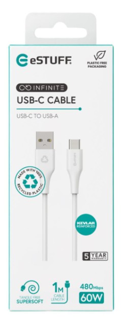 DATA- JA LATAUSKAAPELI USB C- USB A, 1M, VALKOINEN KEVLAR