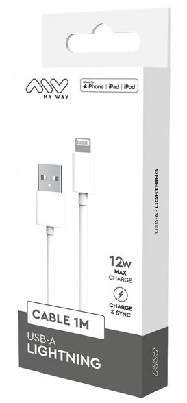 DATA- JA LATAUSKAAPELI 1M, USB-A LIGHTNING MYWAY VALKOINEN